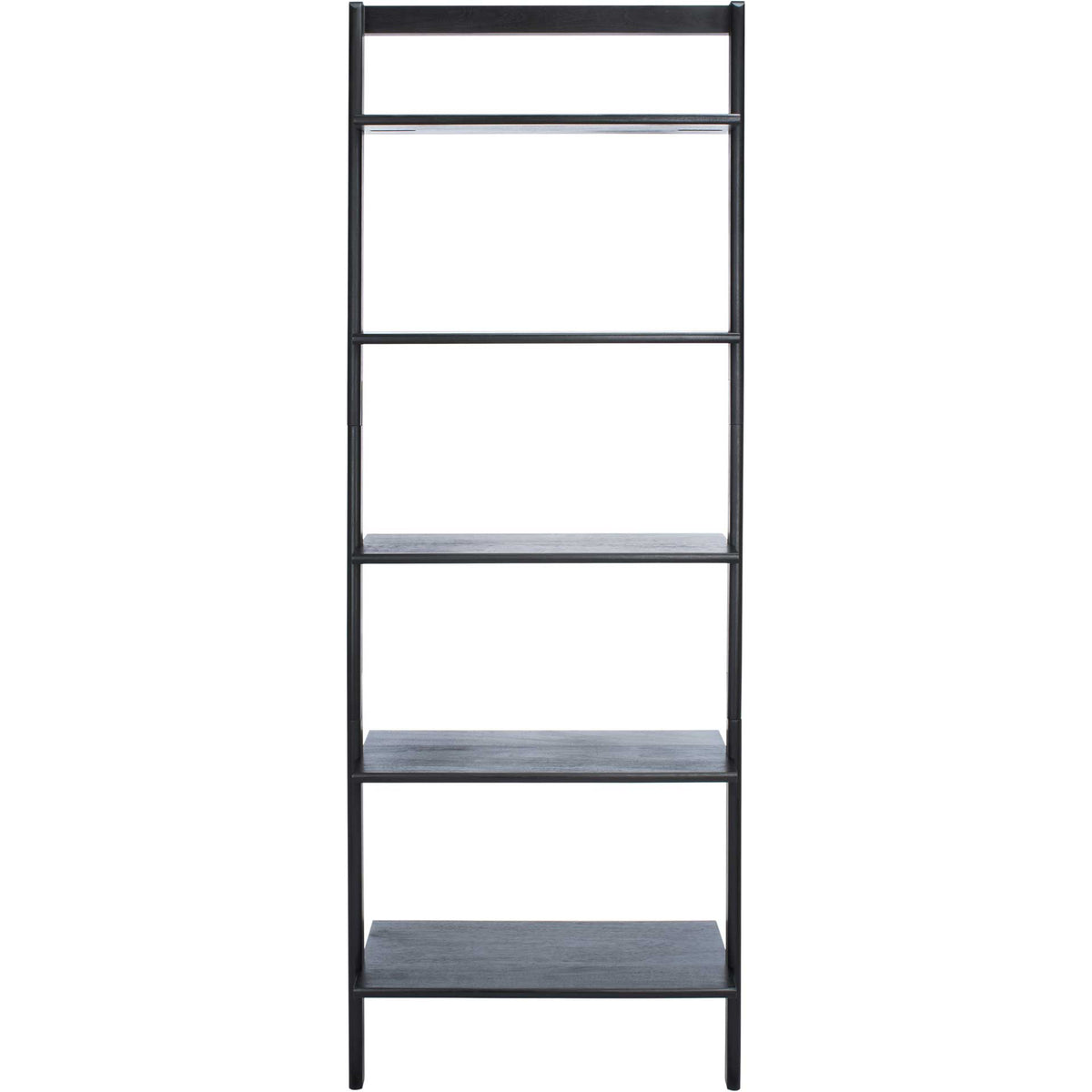 Five black shelves rise within a slender, open frame for an airy display. || ETG9401D || front_studio