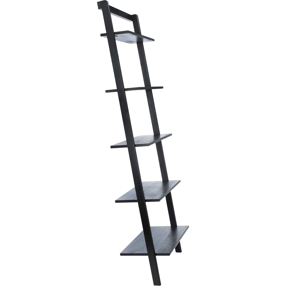 A leaning frame supports five black shelves that deepen toward the base. || ETG9401D || side_studio