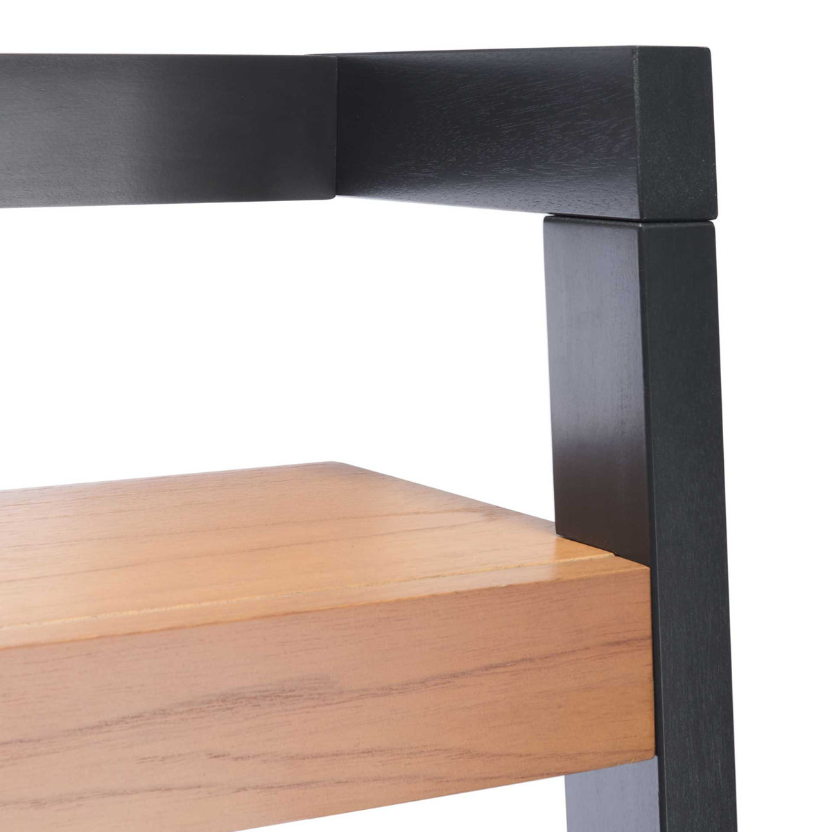 A charcoal top rail and natural wood shelf highlight the design's two-tone finish.