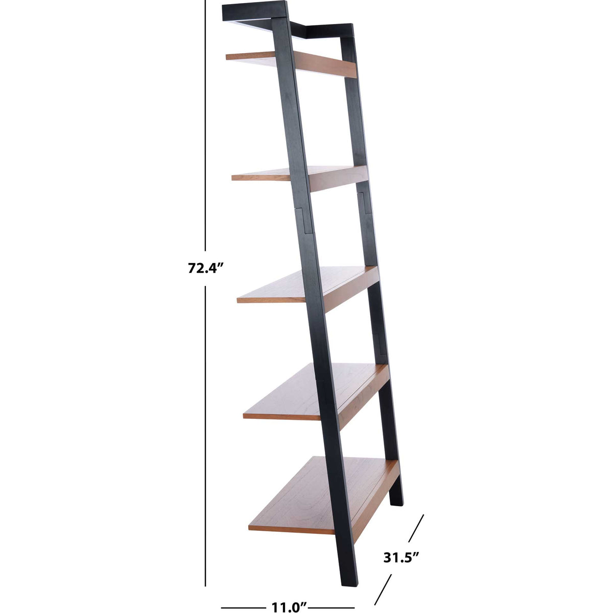 Five-tier shelving measures 31.5 inches wide, 11 inches deep, and 72.4 inches high.