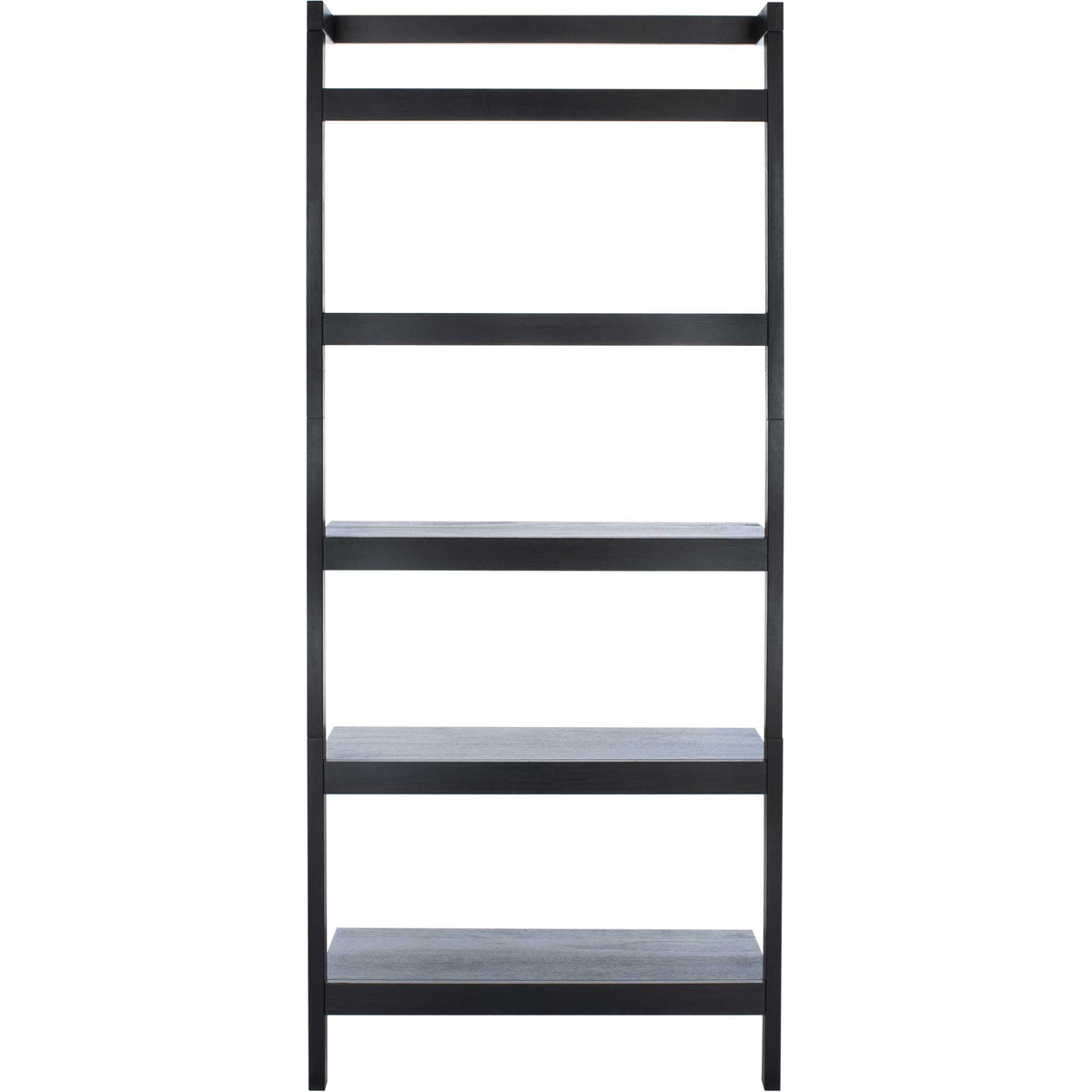 A sleek black frame holds five open shelves for books, plants, and decorative accents. || ETG9402D || front_studio