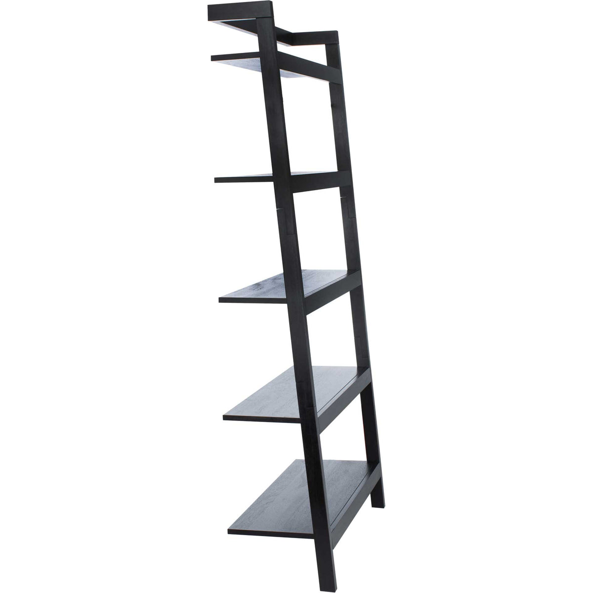 Five black shelves deepen toward the base of this slender, wall-leaning display. || ETG9402D || side_studio