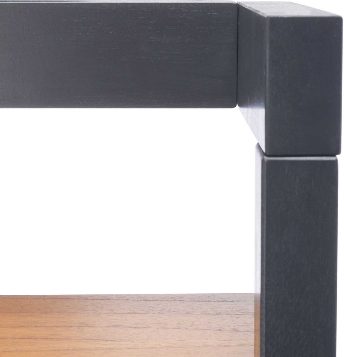A charcoal-finished frame meets a natural wood shelf, revealing crisp lines and subtle grain.