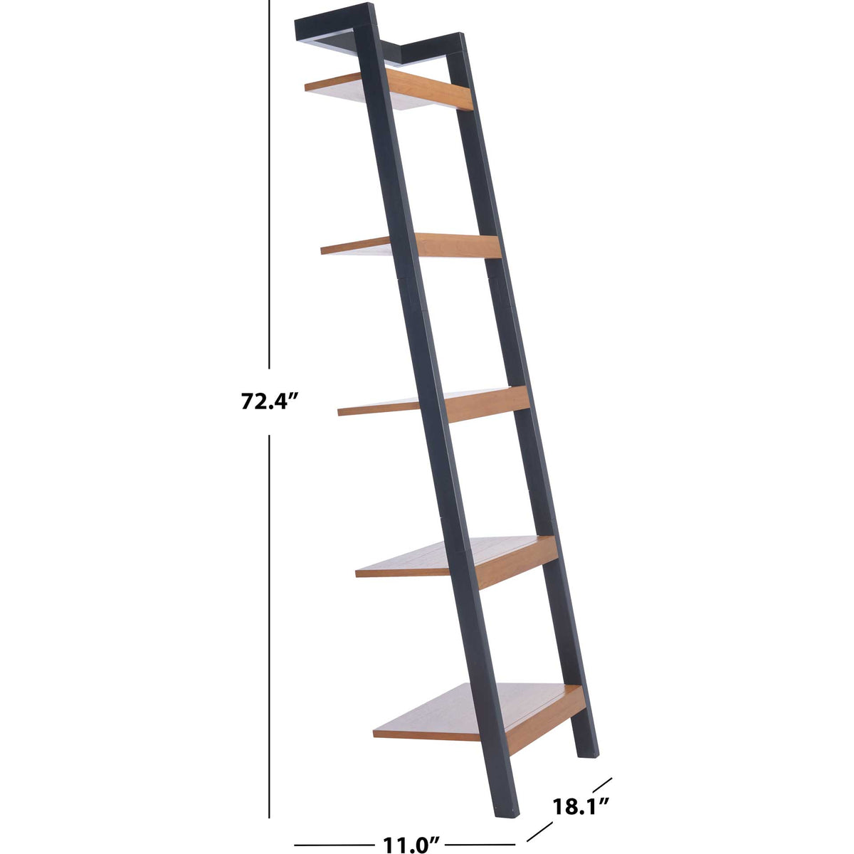 A slender five-shelf unit stands 72.4 inches tall with natural wood tiers and charcoal supports.