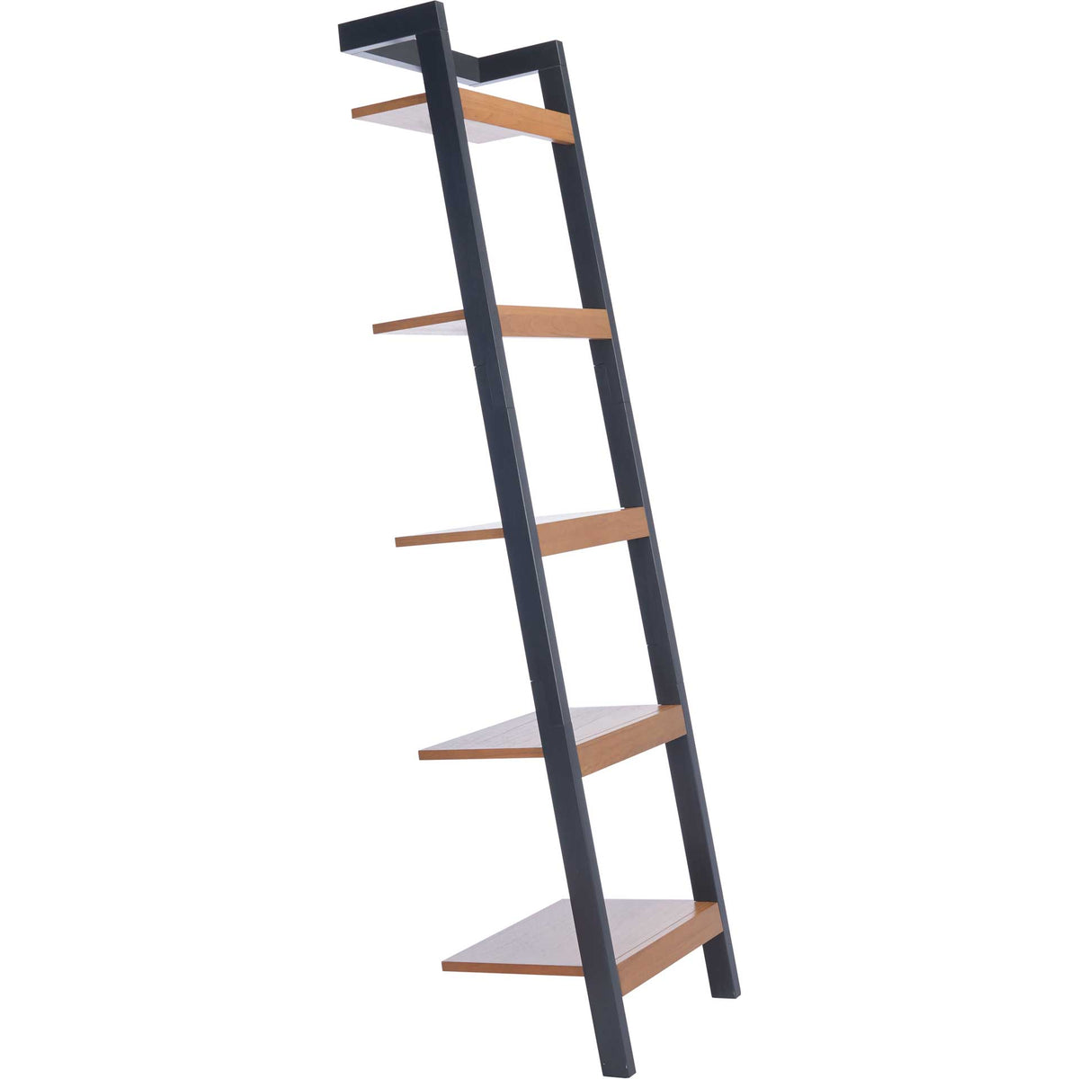 Light natural wood shelves graduate in depth down a charcoal leaning frame. || ETG9403A || side_studio