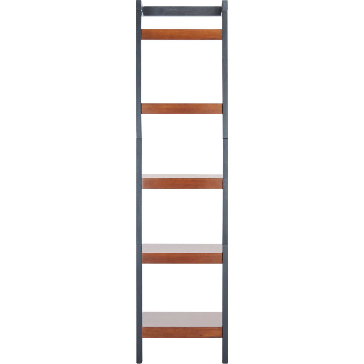 Five warm brown shelves contrast with charcoal uprights in a tall, open display. || ETG9403C || front_studio