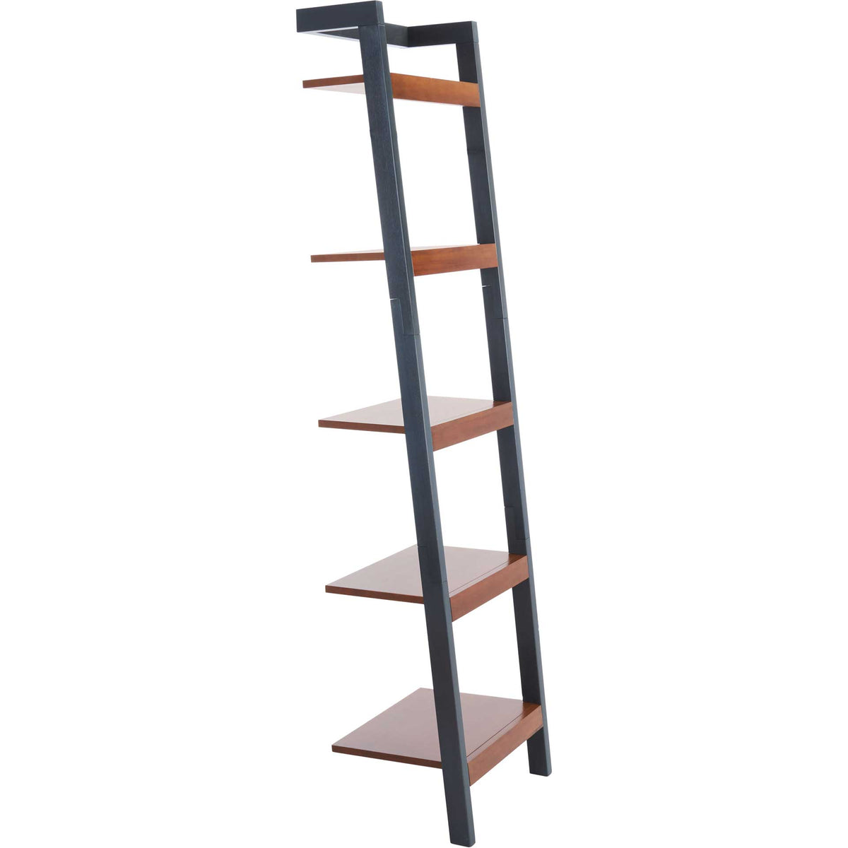 Honey-brown shelves extend farther out toward the base of a slender charcoal frame. || ETG9403C || side_studio