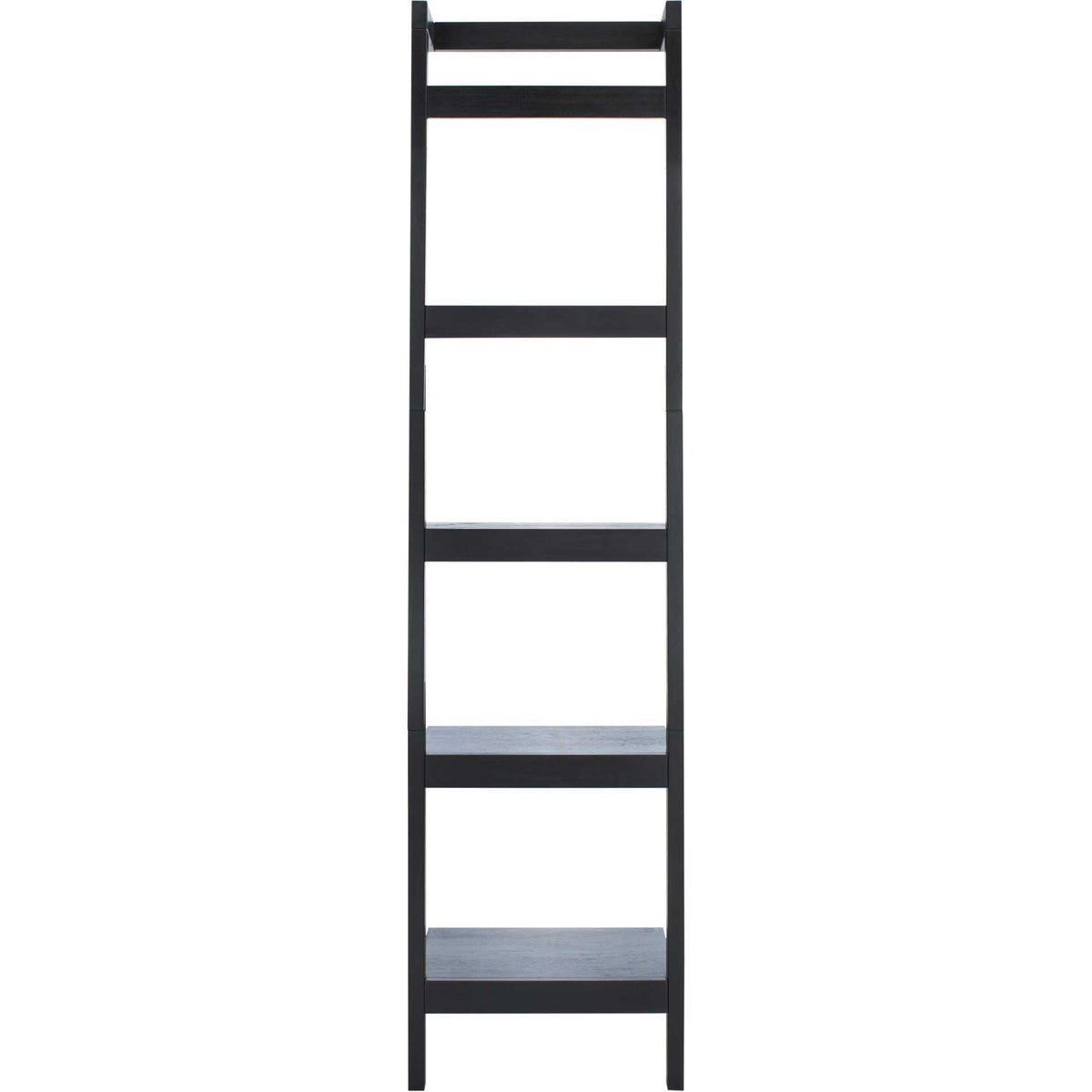 Five open black shelves create a tall, streamlined display with a narrow footprint. || ETG9403D || front_studio