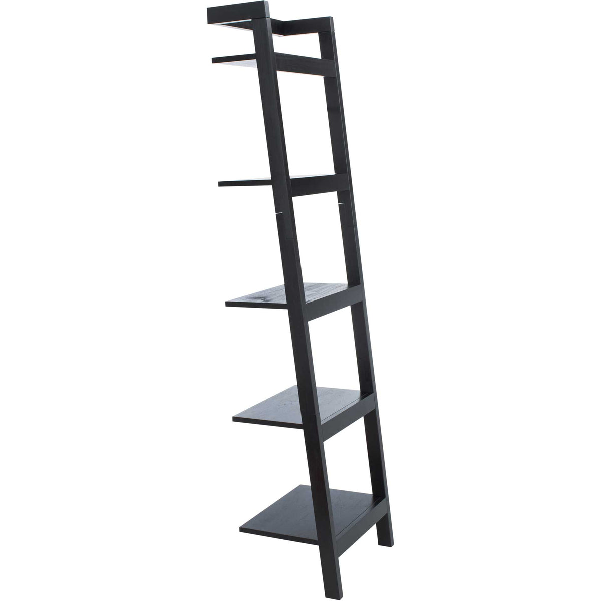 A slim black leaning frame supports five shelves that deepen toward the base. || ETG9403D || side_studio