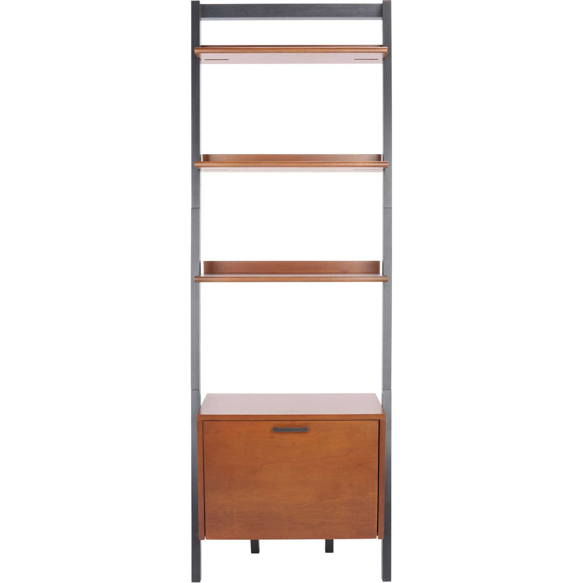 Three honey-brown display shelves rise above a closed cabinet with a charcoal pull. || ETG9404C || front_studio