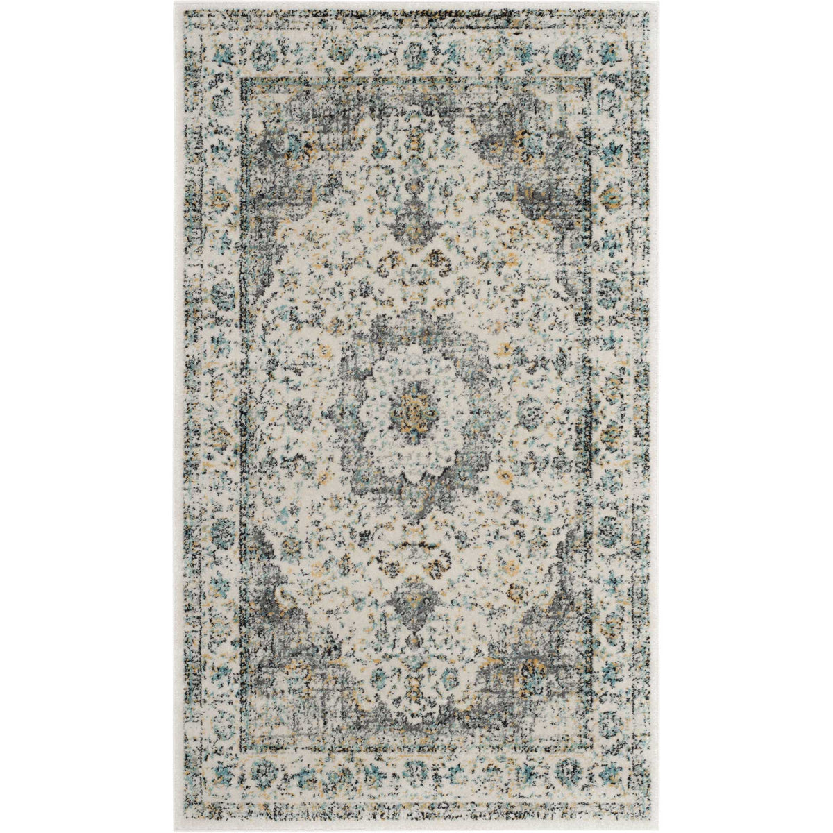 Small gray and gold rug shows weathered floral detailing and an ornate central medallion