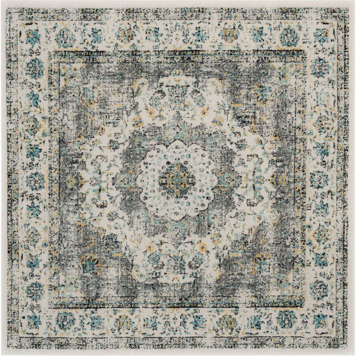 Square gray and gold rug pairs an elaborate medallion with a richly patterned floral border