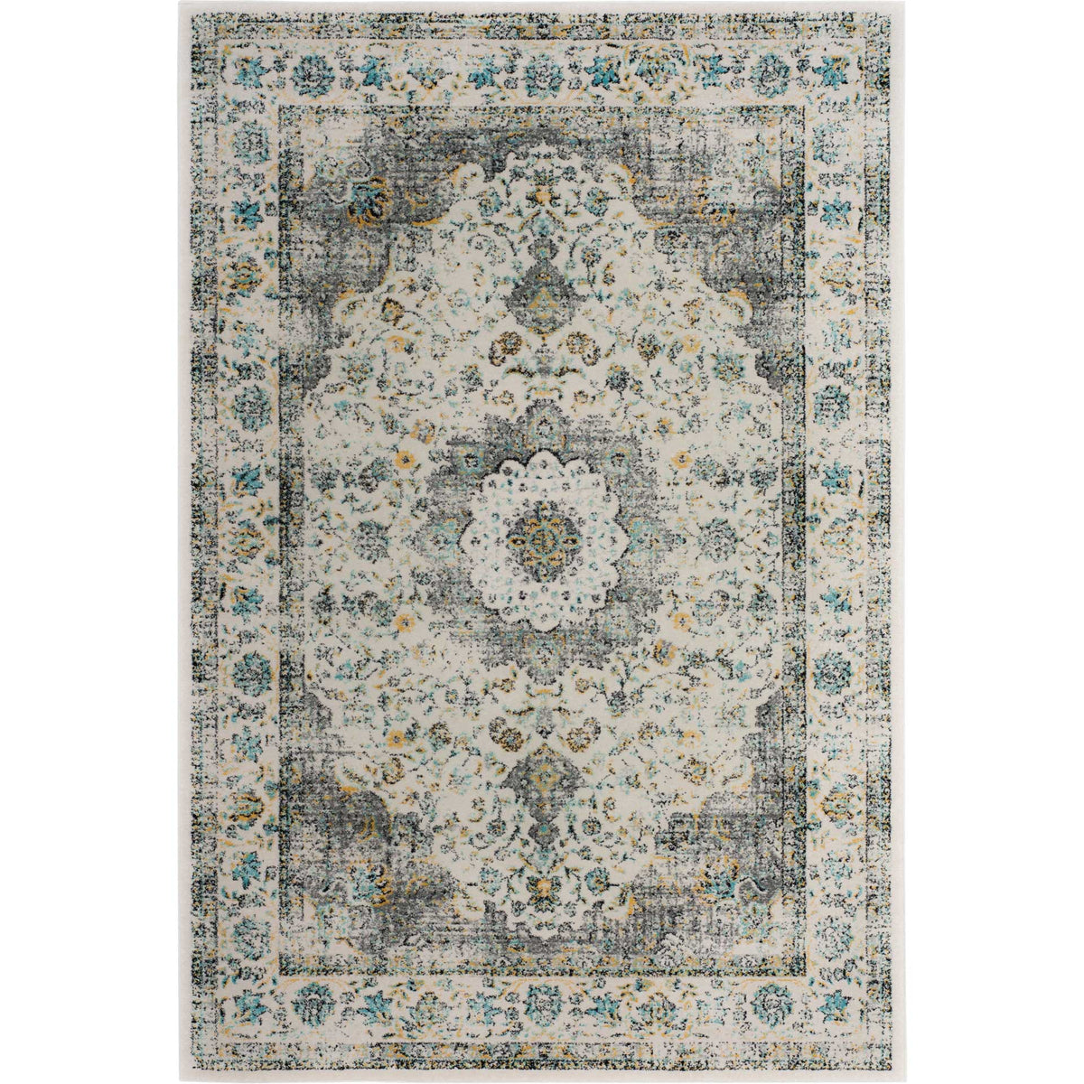 Gray and ivory rug highlights a softly faded floral medallion with touches of gold