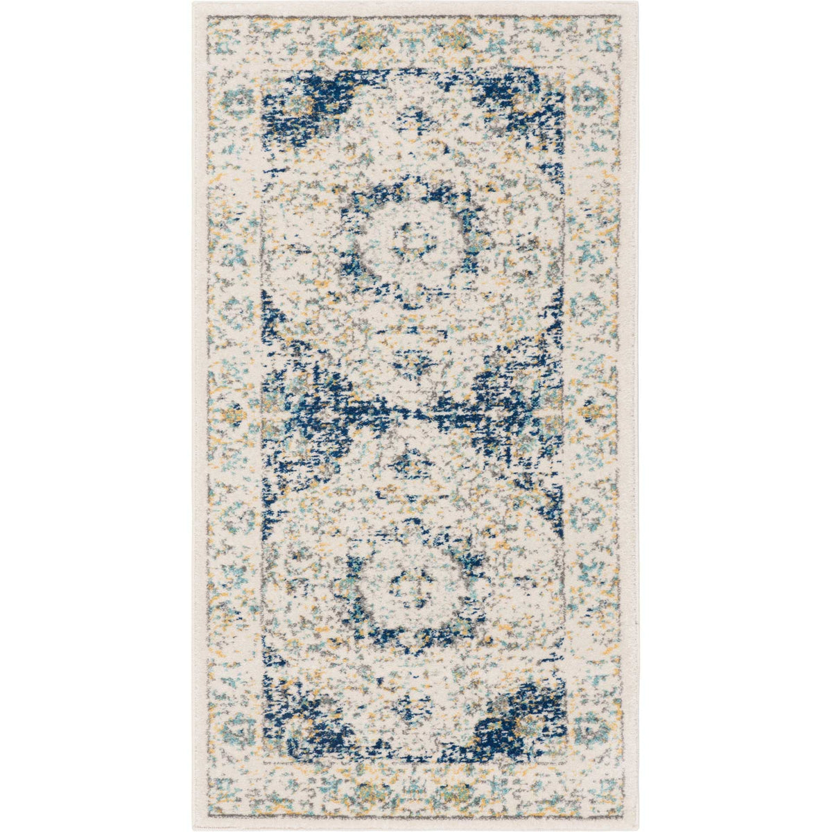 Narrow ivory and blue rug stacks two floral medallions inside a vintage-inspired border