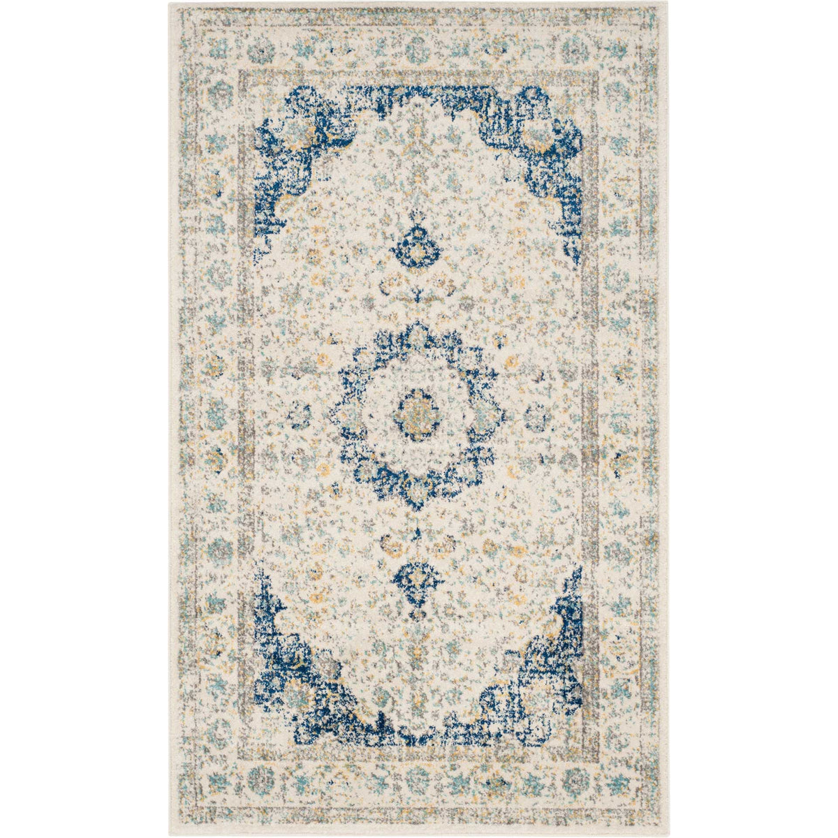 Petite ivory and navy rug displays faded scrollwork, floral accents, and a central medallion