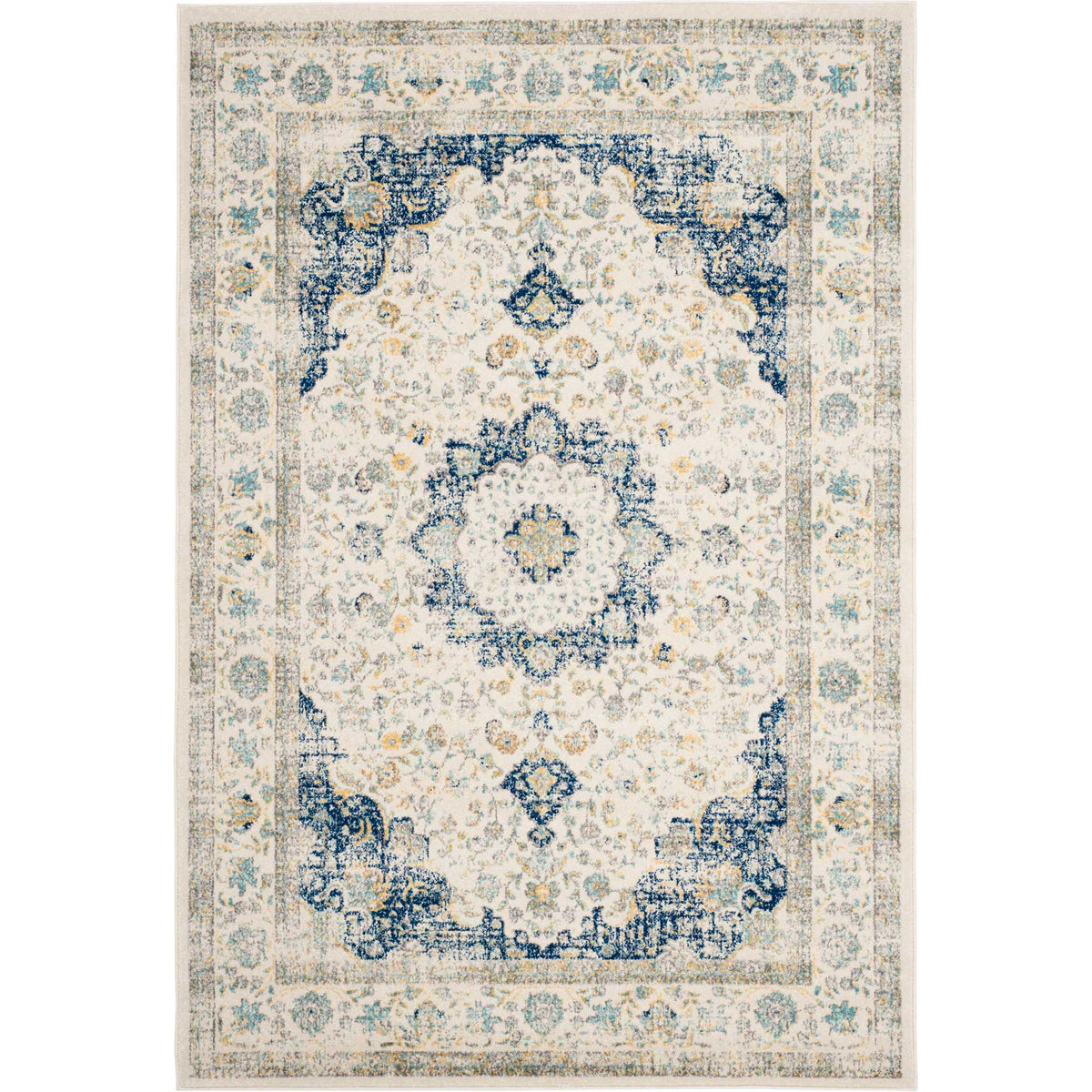 Ivory and blue rectangular rug balances deep blue corner flourishes with a floral center medallion