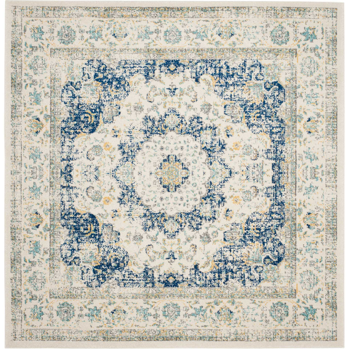 Square ivory and blue rug features a delicate floral medallion and an ornate faded border