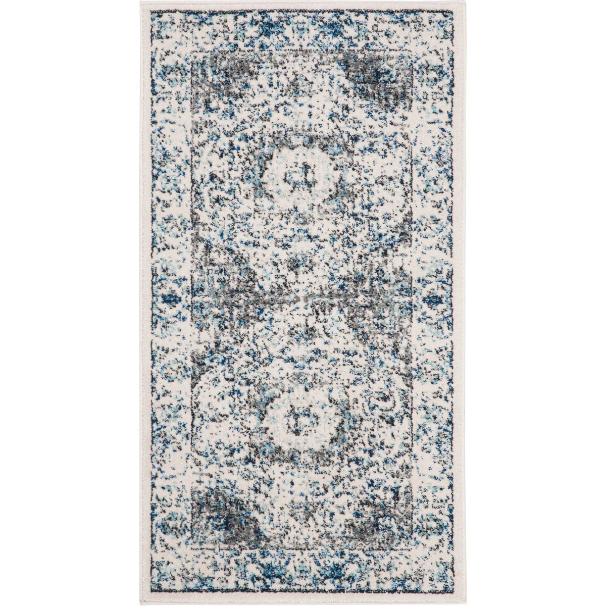 Compact ivory and gray accent rug places twin medallions within a mottled floral border