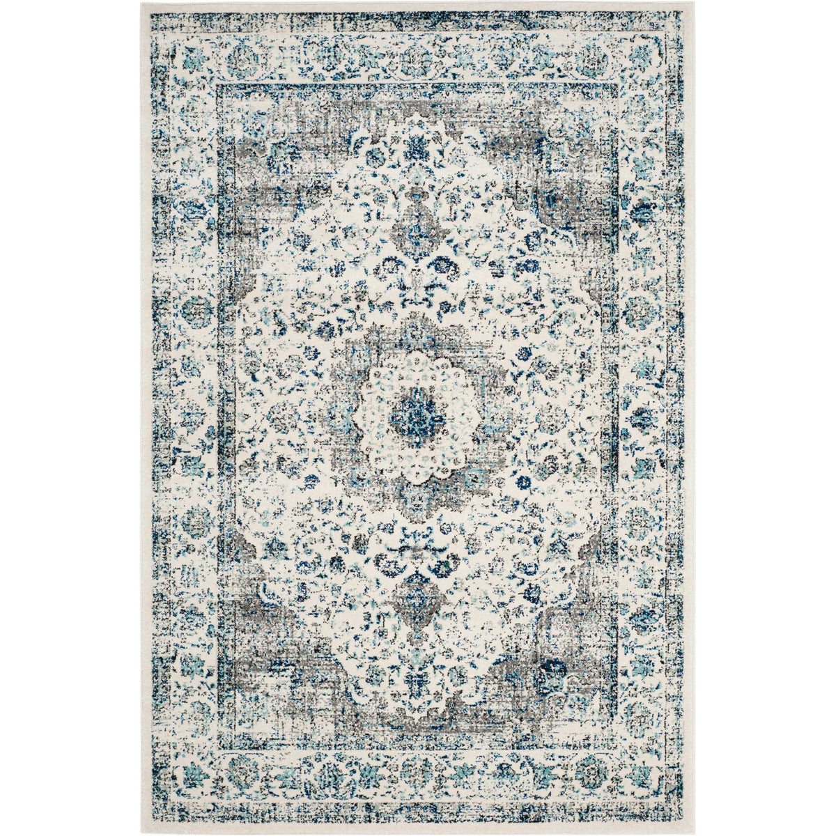 An ivory field frames a petite gray floral medallion and weathered blue ornamental borders