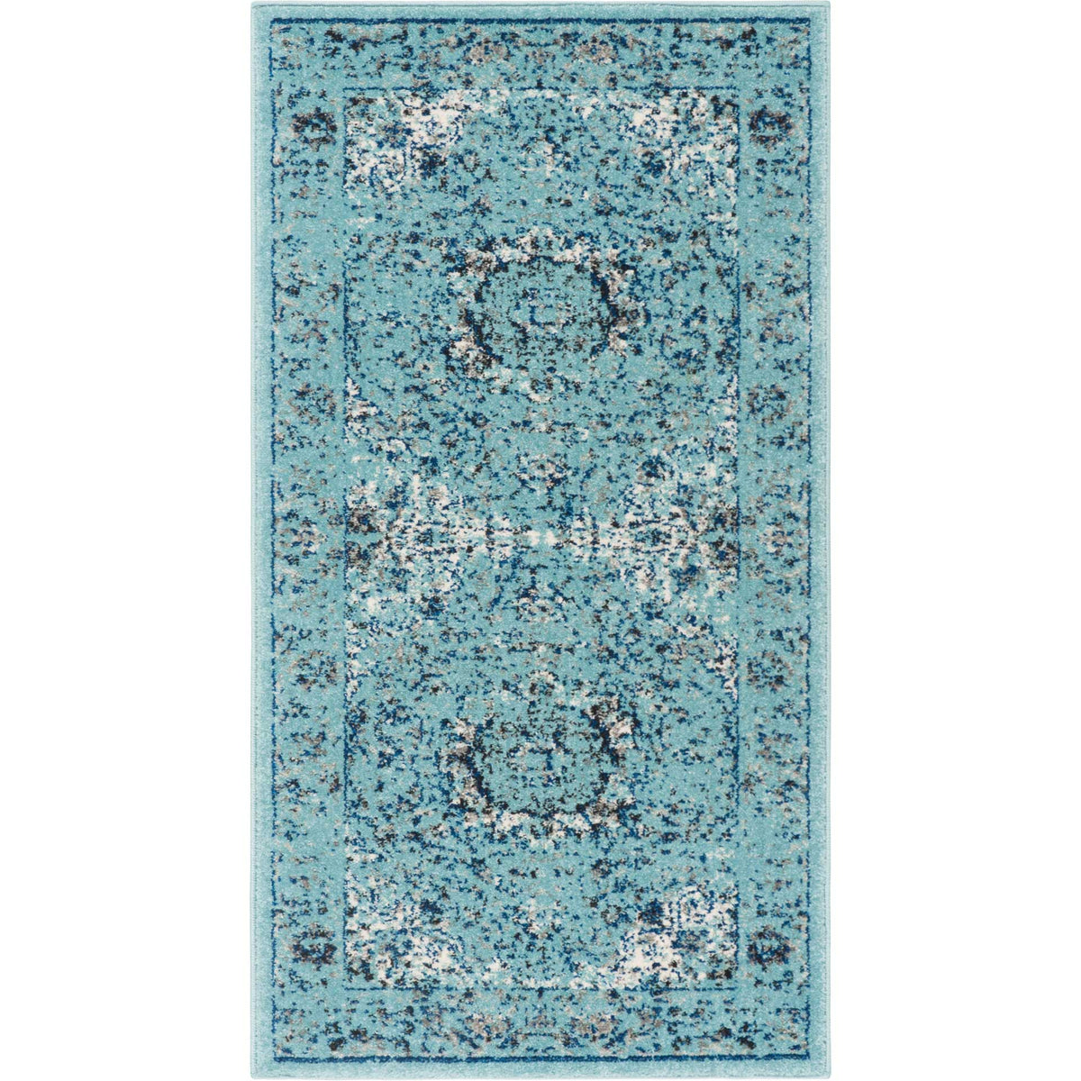 Small blue accent rug pairs two softly faded medallions with an intricate floral frame