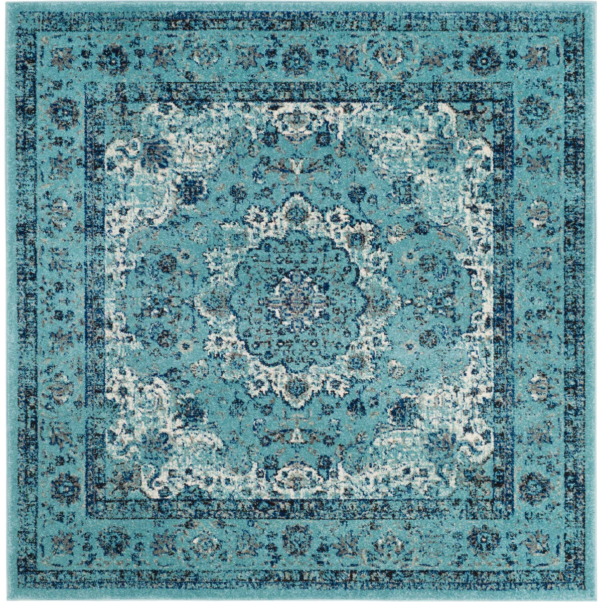 Square blue rug places an intricate medallion within scrolling floral borders