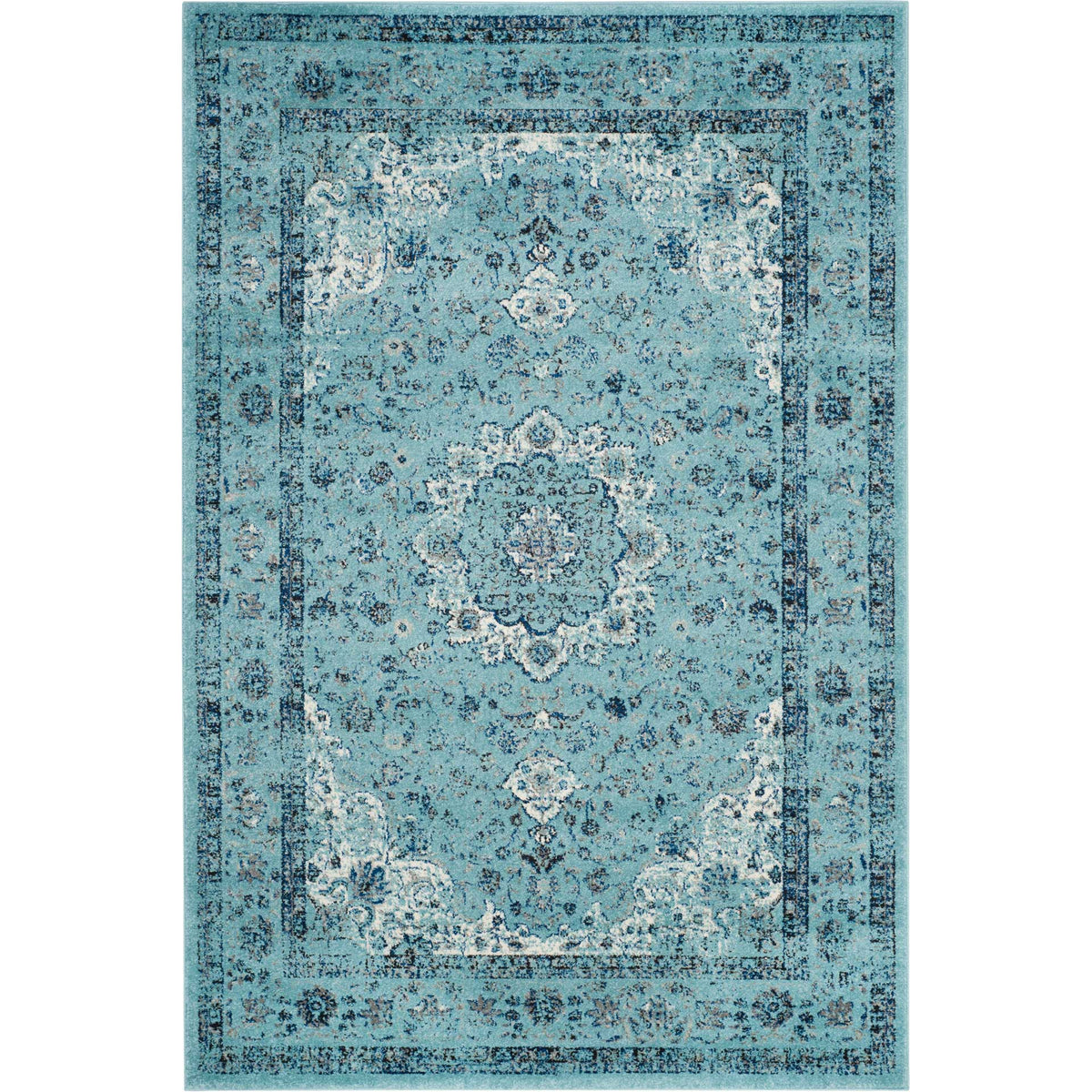 Aqua blue rectangular rug features a softly faded central medallion and layered floral borders