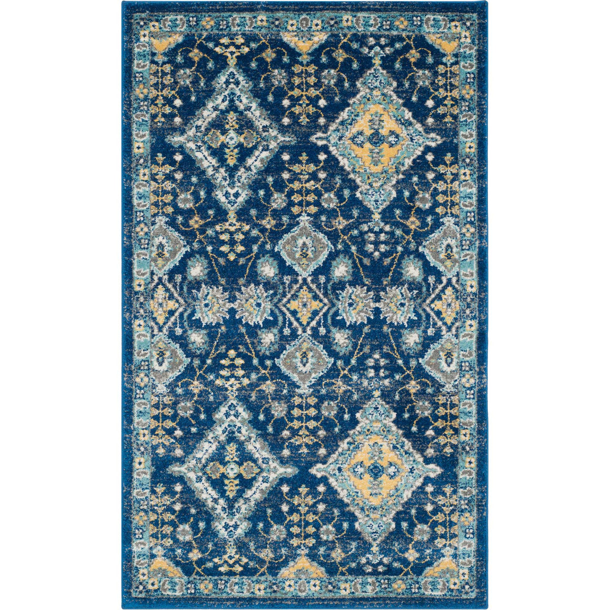 Rich blue rug pairs large cream-and-gold medallions with delicate flowering vines.