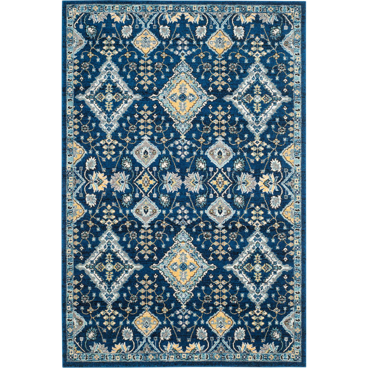 Deep blue and ivory diamonds mingle with floral vines inside a finely detailed border.