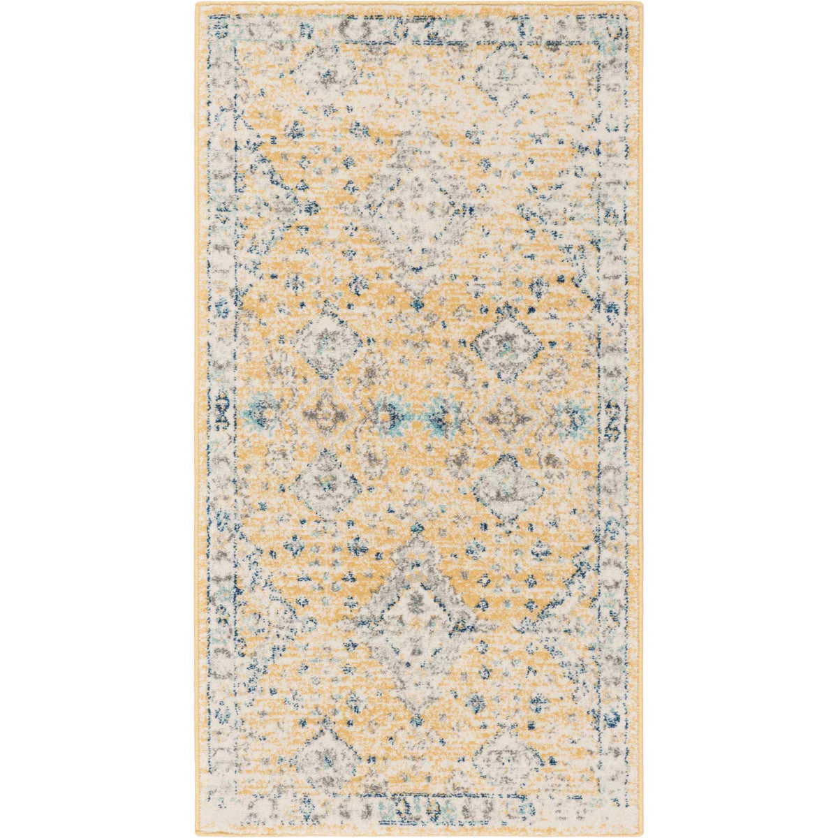 Petite gold and ivory accent rug features delicate diamond motifs and a softly faded border.