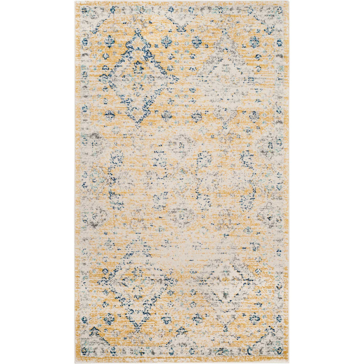 A compact ivory rug reveals faded golden medallions and scattered blue detailing.