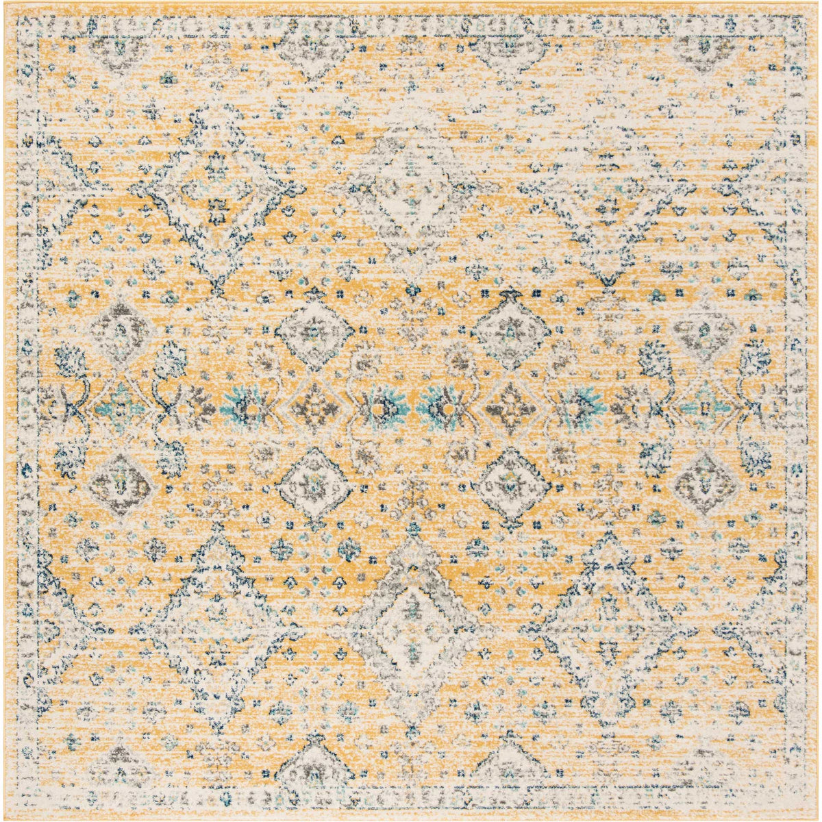 Square gold and ivory rug features mirrored diamond medallions and a softly distressed finish.