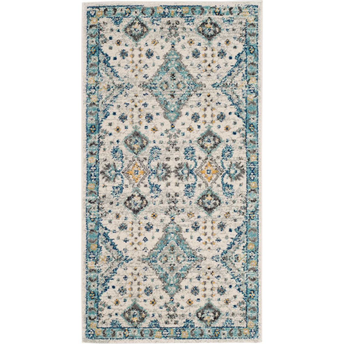 Compact ivory accent rug features light blue diamonds and florals within an ornate border.