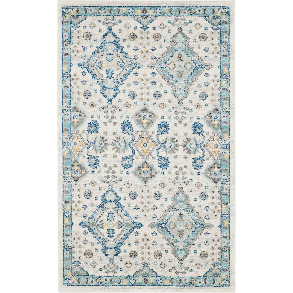 An ivory rug with pale blue diamond motifs and floral details lends airy traditional style.