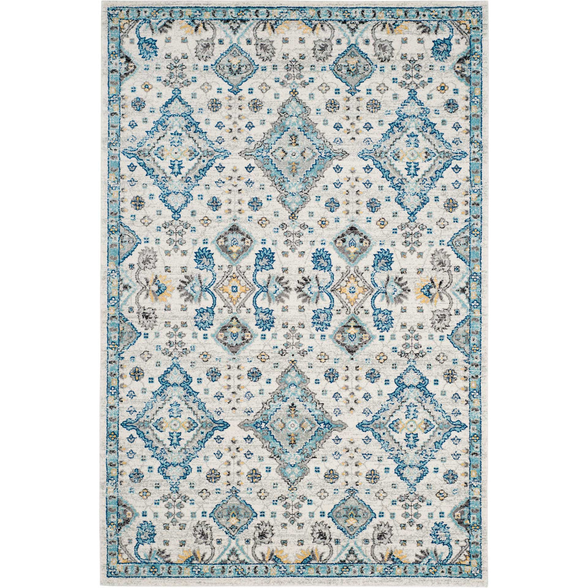 Soft ivory and light blue tones highlight ornate diamonds, scattered florals, and a framed edge.