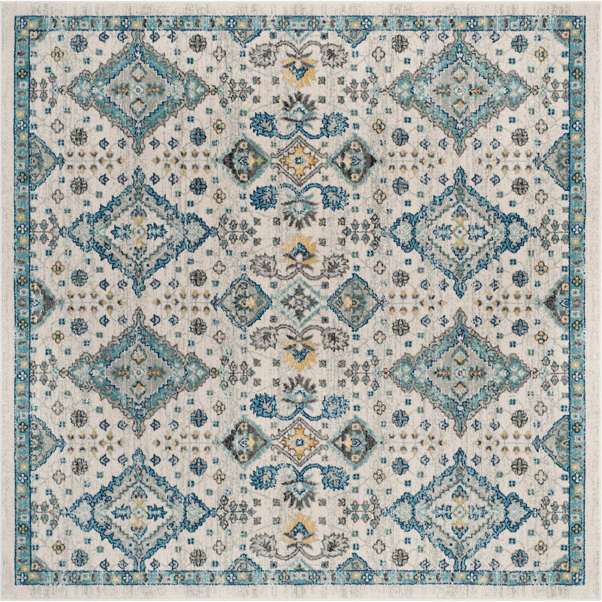 Square ivory rug displays symmetrical blue medallions and refined floral accents.