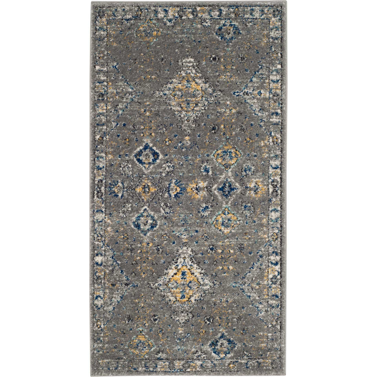 Petite gray accent rug features weathered yellow diamonds and small blue flourishes.