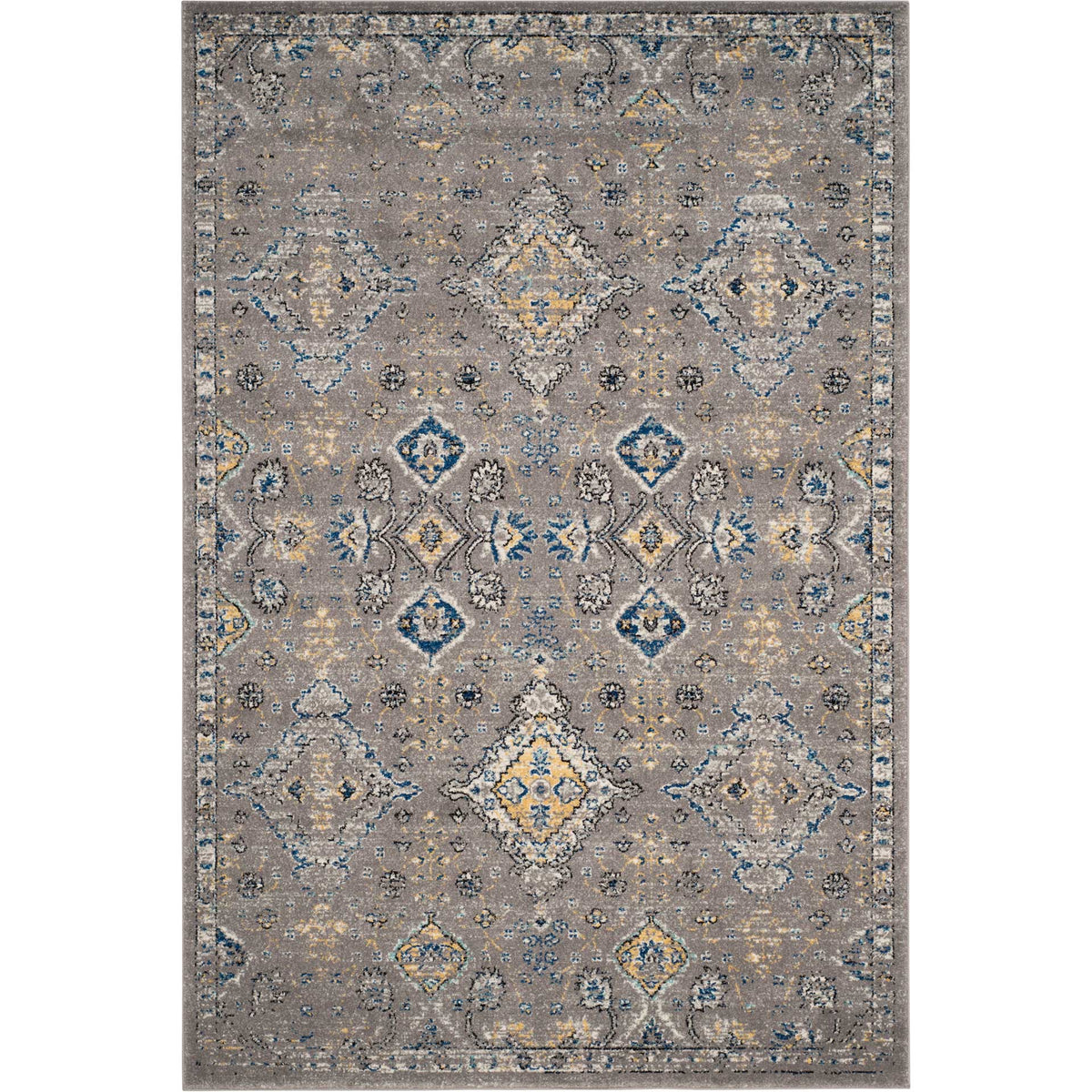 Soft gray rug pairs pale yellow medallions with scattered blue flourishes and a faded border.