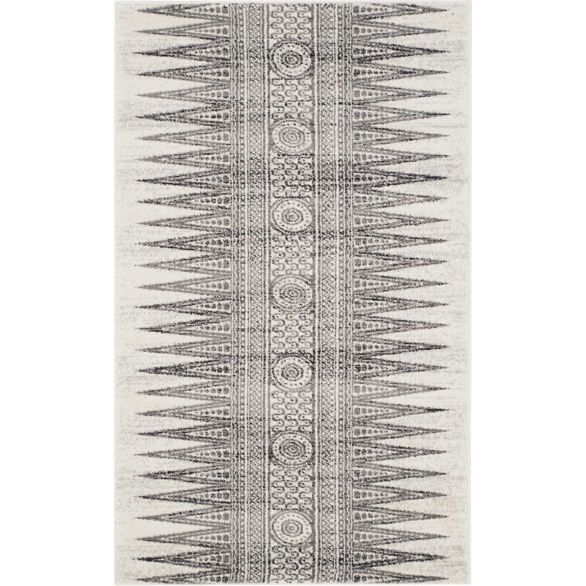 Ivory and gray rectangular rug features a repeating medallion center and fine triangular side motifs.