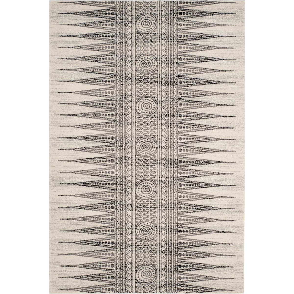Ivory and gray rug balances a central medallion band with long, tapering geometric stripes.