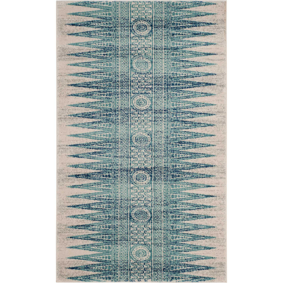 Ivory and turquoise rectangular rug layers repeating medallions between angled geometric borders.