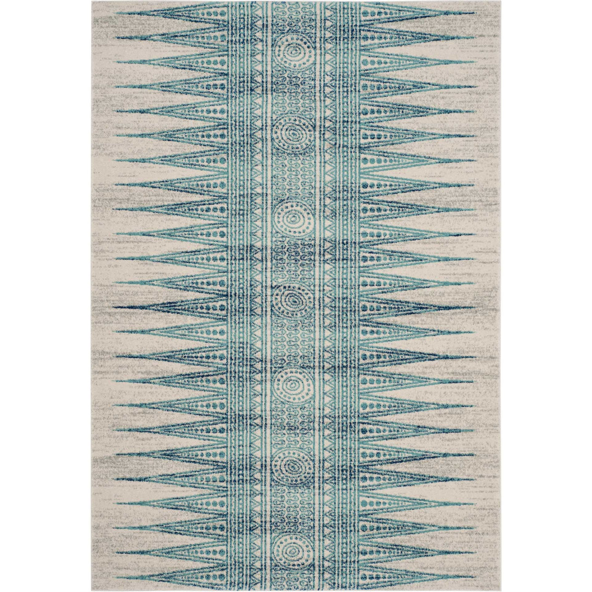 Turquoise geometric lines and circular medallions enliven this ivory rectangular rug.