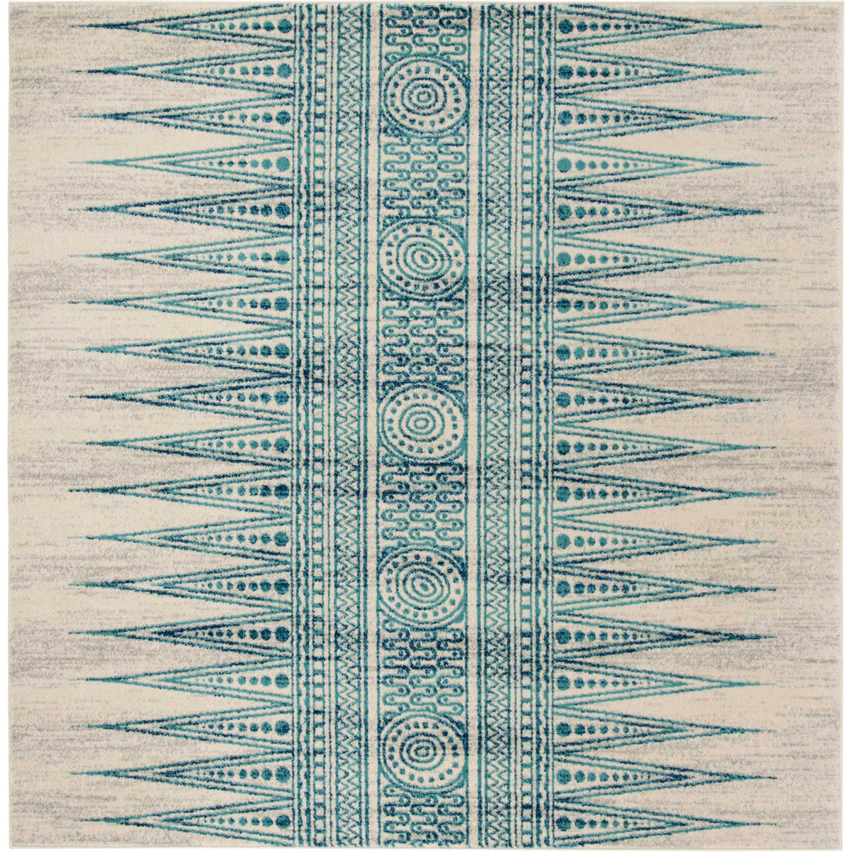 Square ivory and turquoise rug frames stacked medallions with vibrant triangular side motifs.