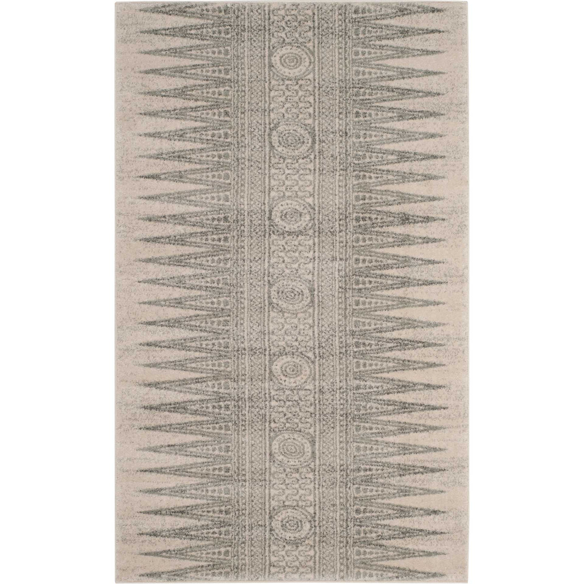Ivory and silver rectangular rug displays a delicate central medallion row and angled linear accents.