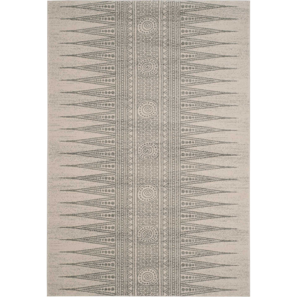 Ivory and silver rug pairs muted geometric borders with a repeating medallion stripe.