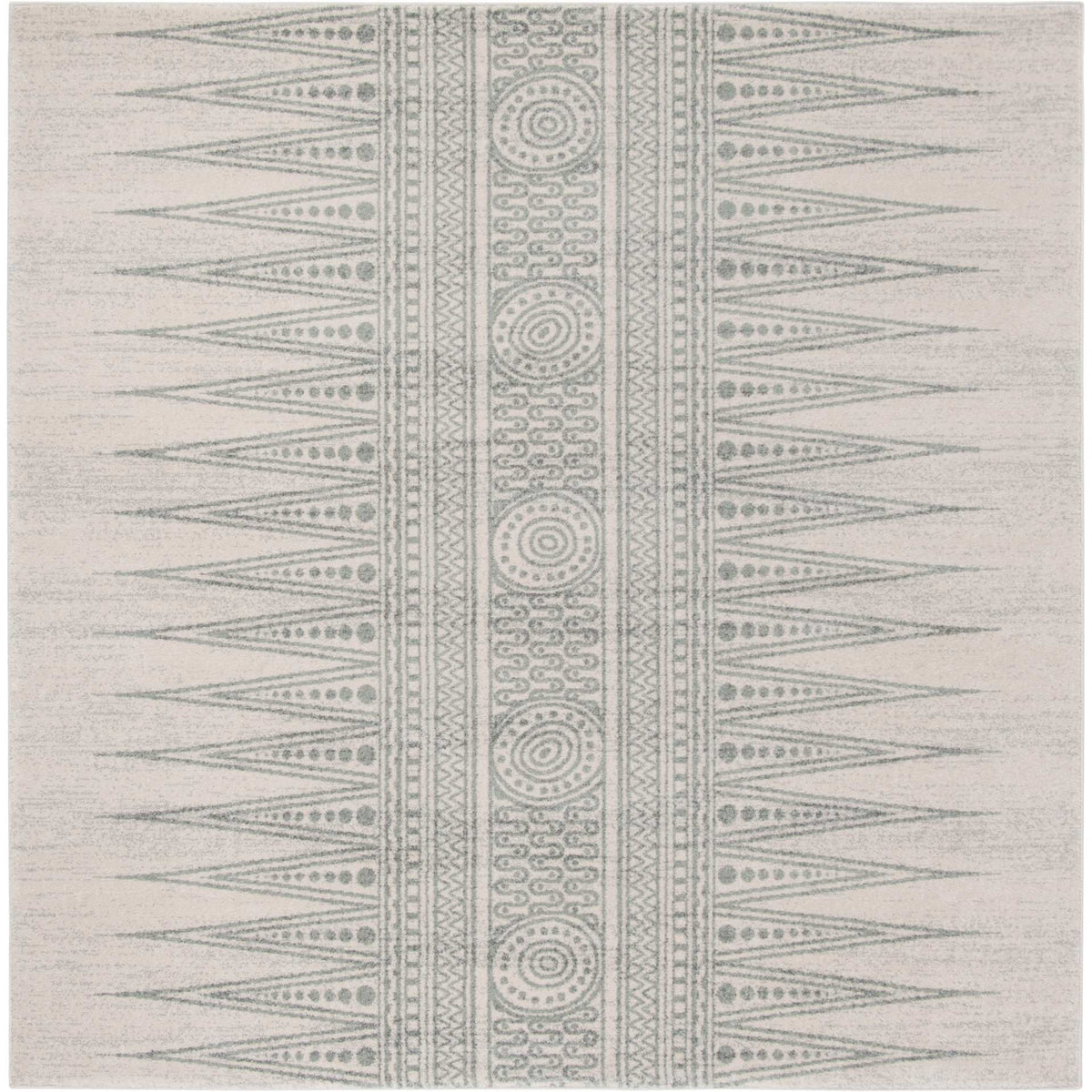 Square ivory and silver rug unites a vertical row of medallions with matching pointed borders.
