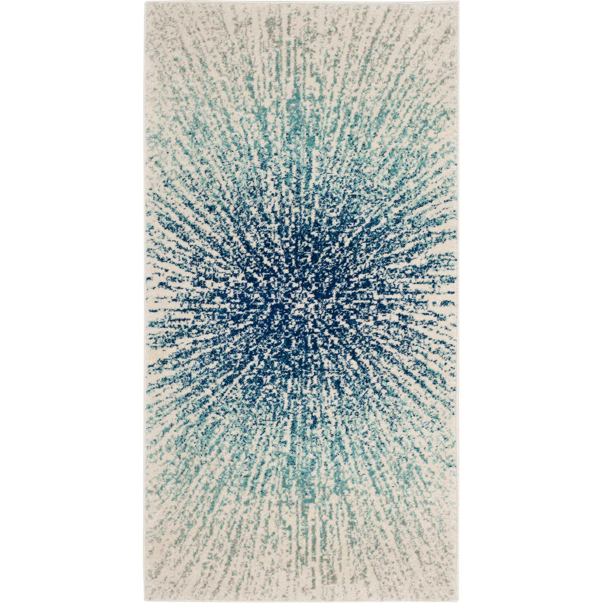 A small accent rug centers a bold royal blue starburst among fine aqua rays on ivory.
