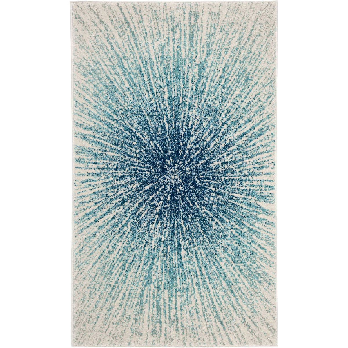 A compact ivory rug features blue and aqua rays surrounding a deep blue center.