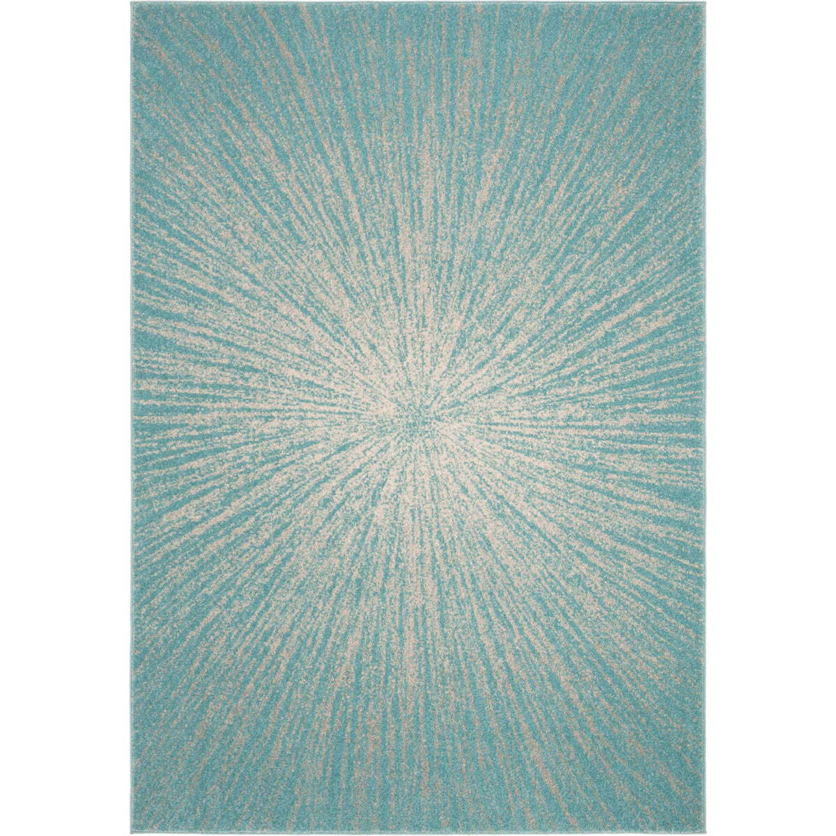 Fine ivory lines radiate across the soft aqua surface of this area rug.
