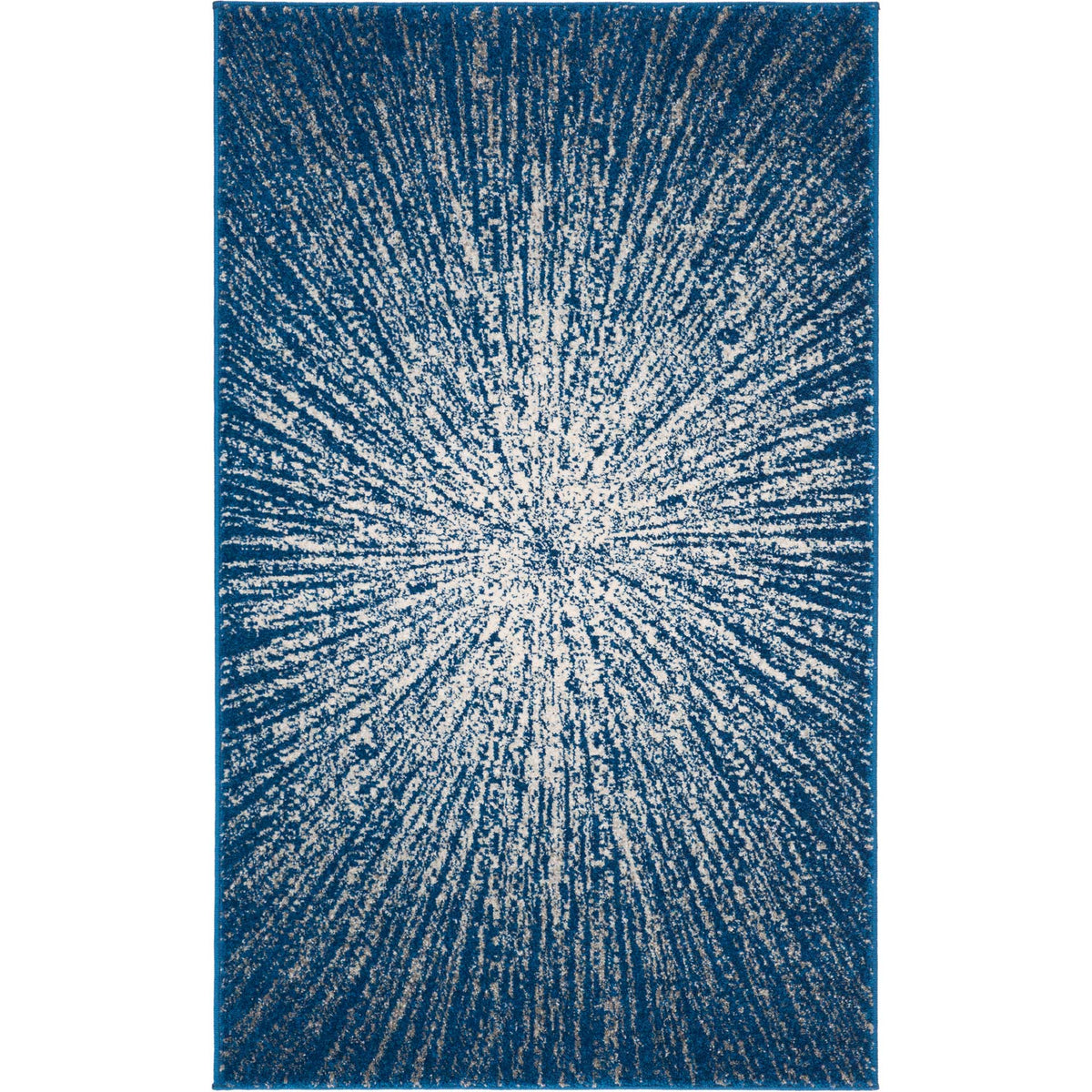 A compact navy and ivory rug features slender rays fanning out from a light center.