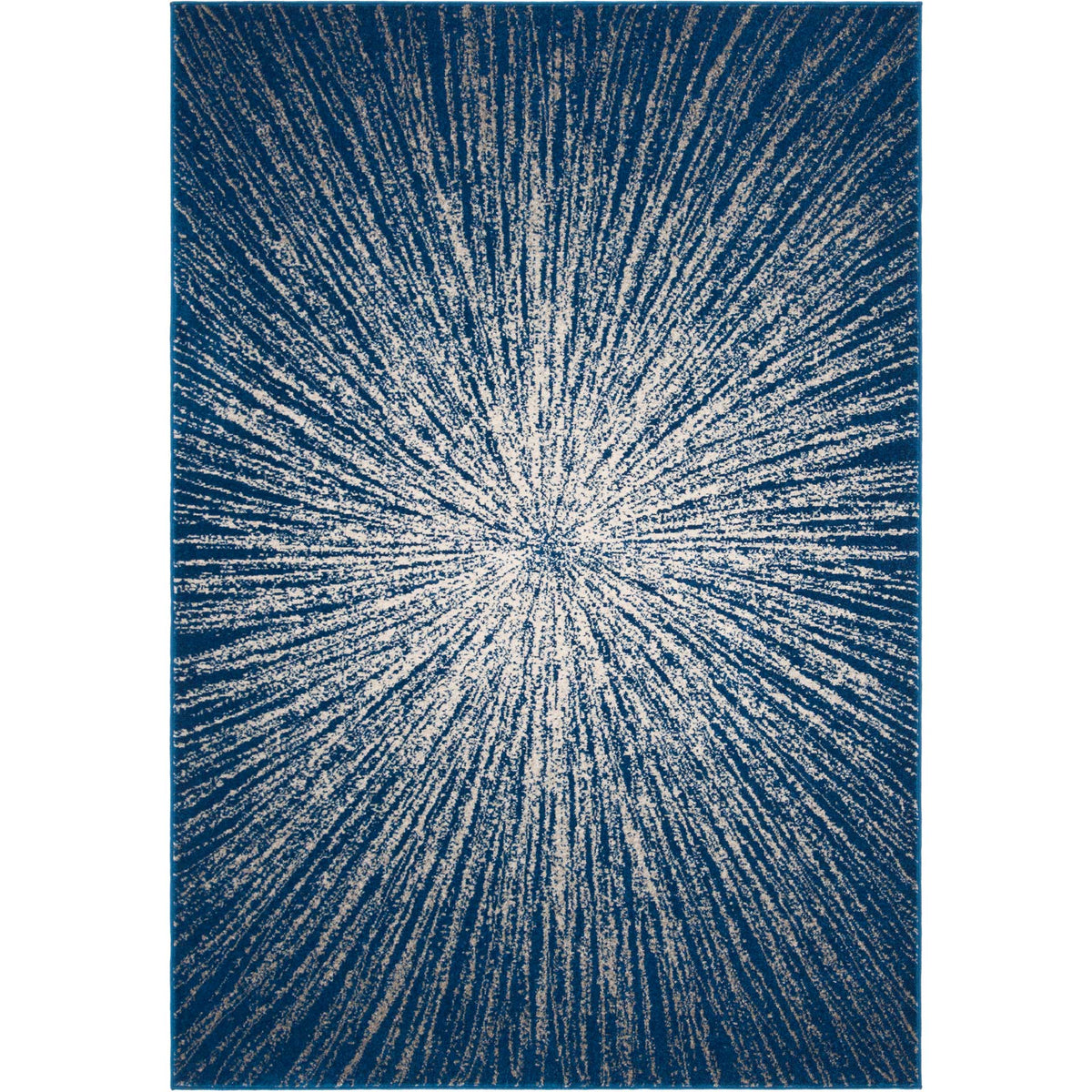 A dense navy and ivory starburst gives this rectangular rug bold graphic appeal.